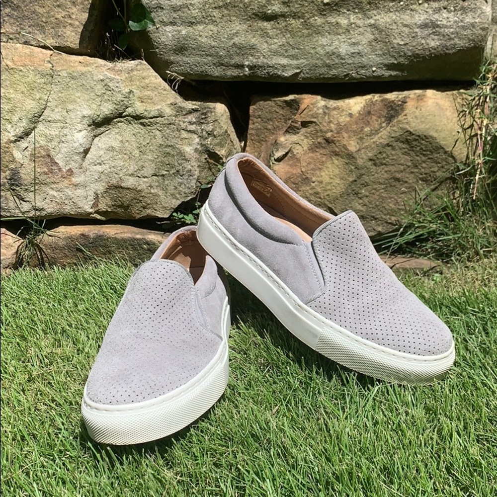 Maiden Lane gray suede slip on sneakers